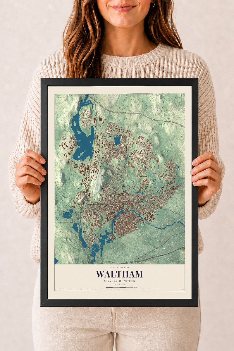 Waltham, Massachusetts map print - 12 x 18 black Ayous wood frame