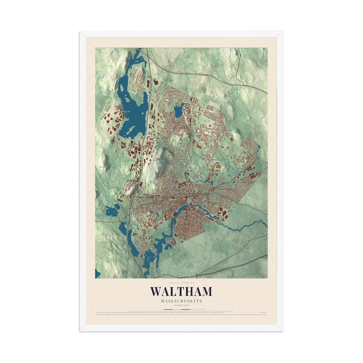 Map of Waltham, Massachusetts, 12 x 18 inch print in a white wood frame