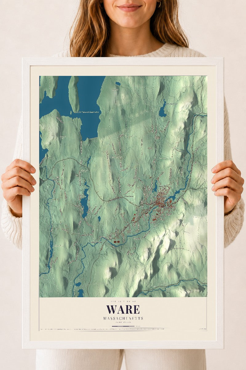 Ware, Massachusetts map print - 18 x 24 white Ayous wood frame