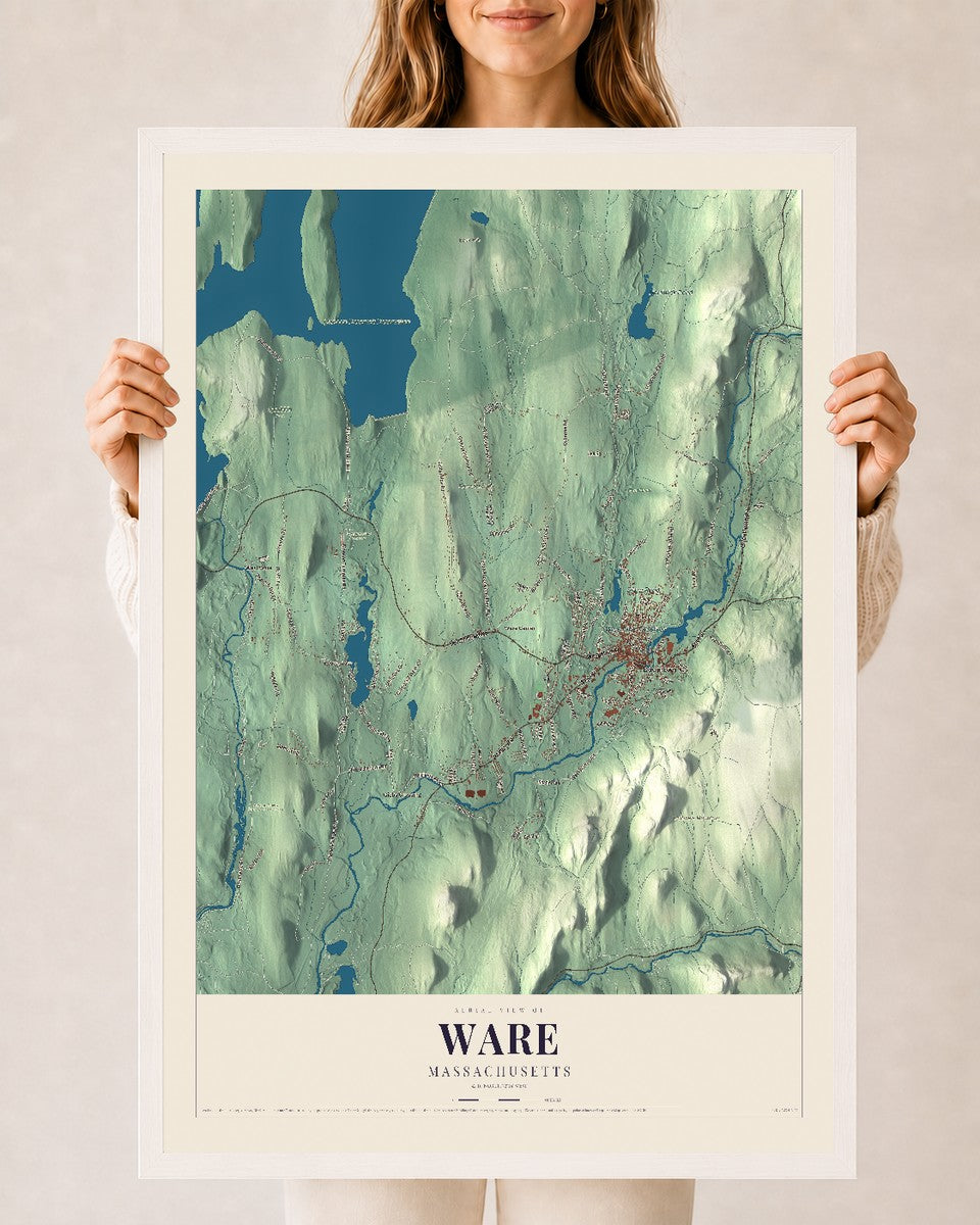 Ware, Massachusetts map print - 24 x 36 white Ayous wood frame