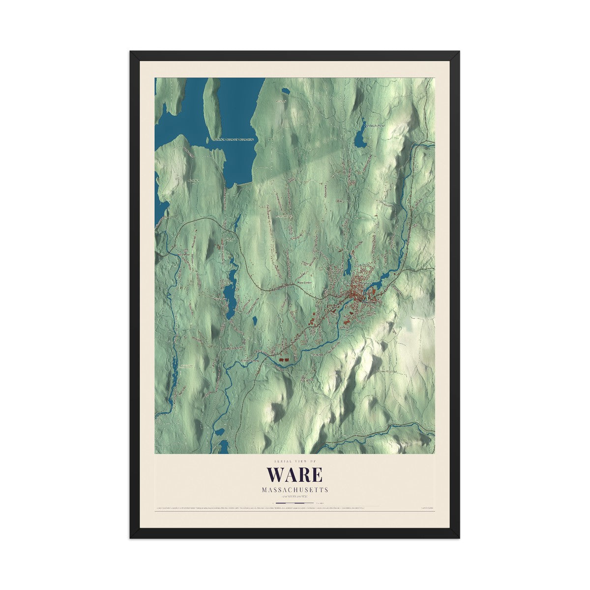Map of Ware, Massachusetts, 12 x 18 inch print in a black wood frame