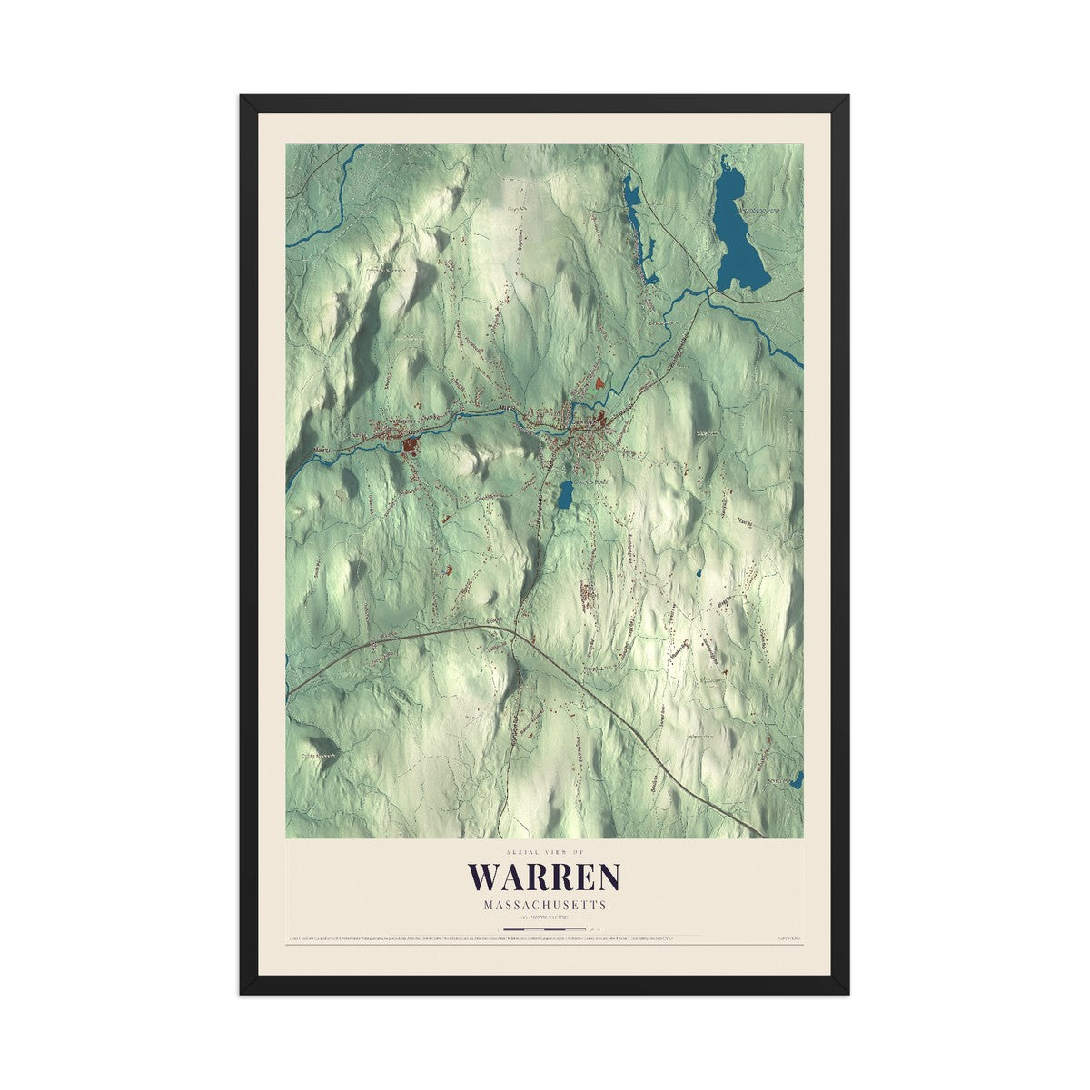 Map of Warren, Massachusetts, 12 x 18 inch print in a black wood frame