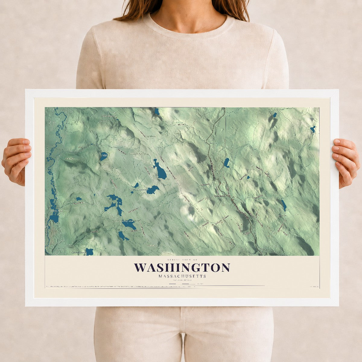 Washington, Massachusetts map print - 12 x 18 white Ayous wood frame