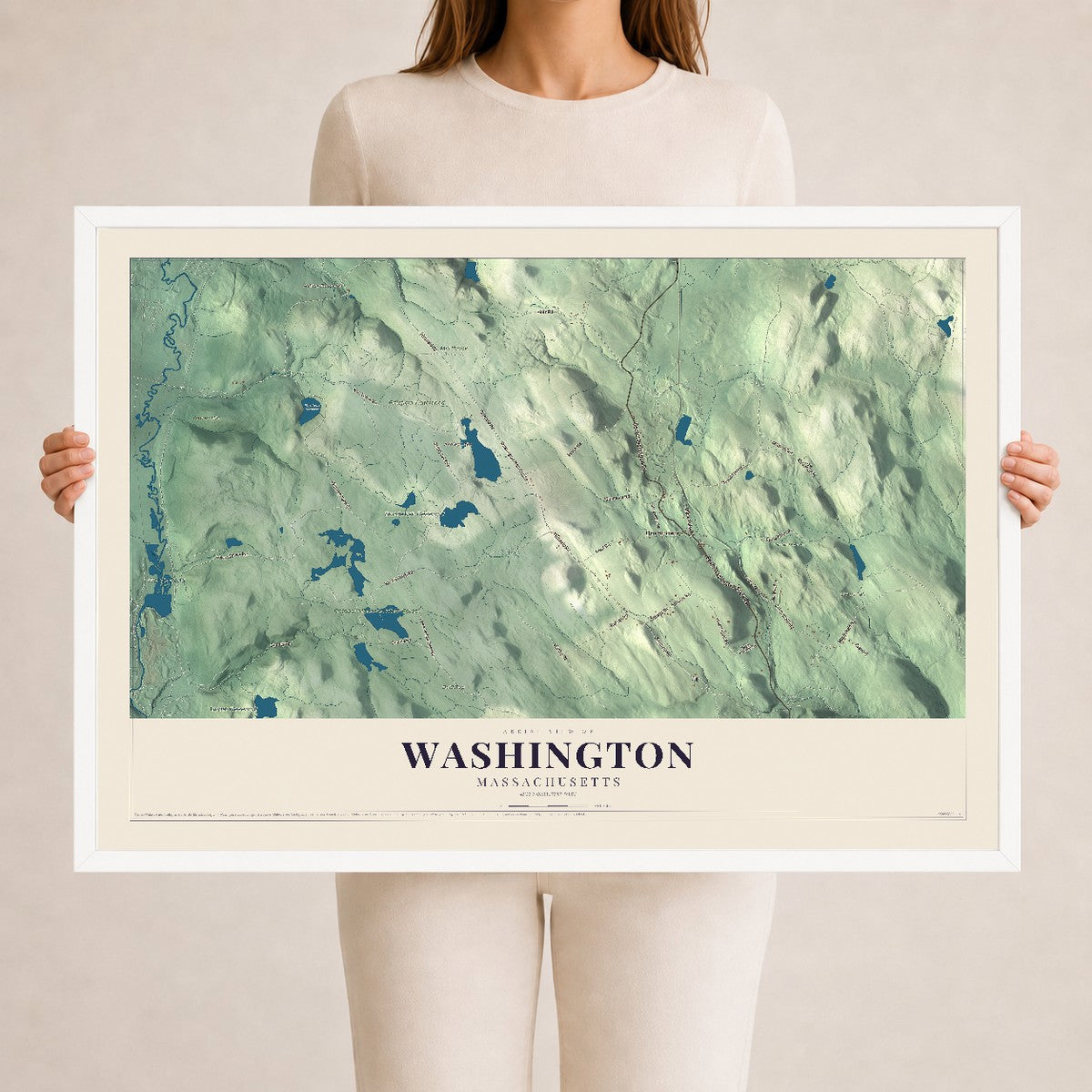 Washington, Massachusetts map print - 24 x 36 white Ayous wood frame