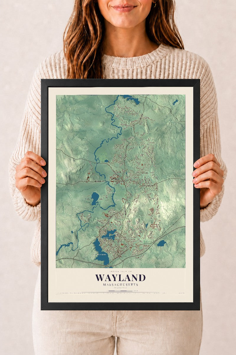 Wayland, Massachusetts map print - 12 x 18 black Ayous wood frame