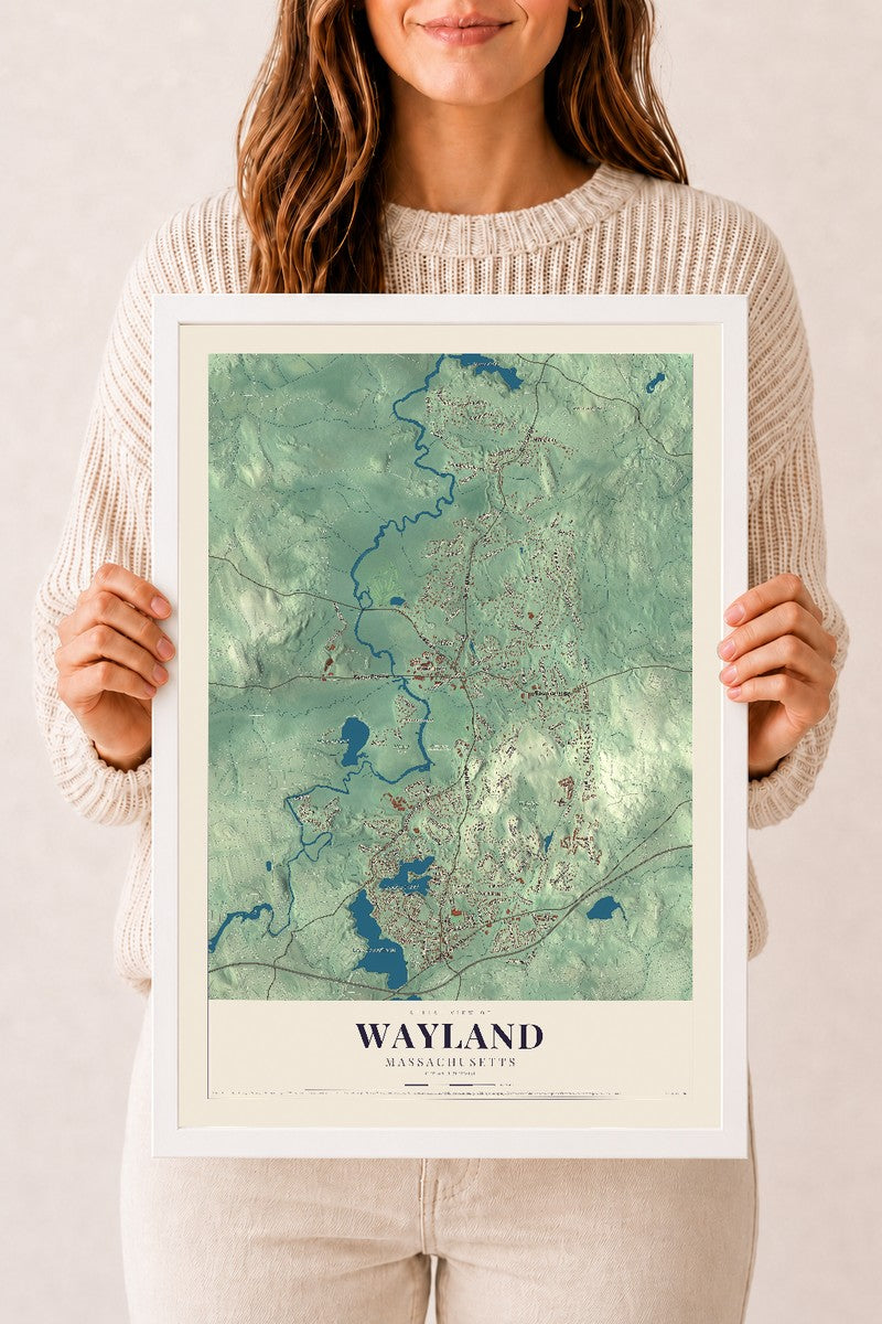 Wayland, Massachusetts map print - 12 x 18 white Ayous wood frame