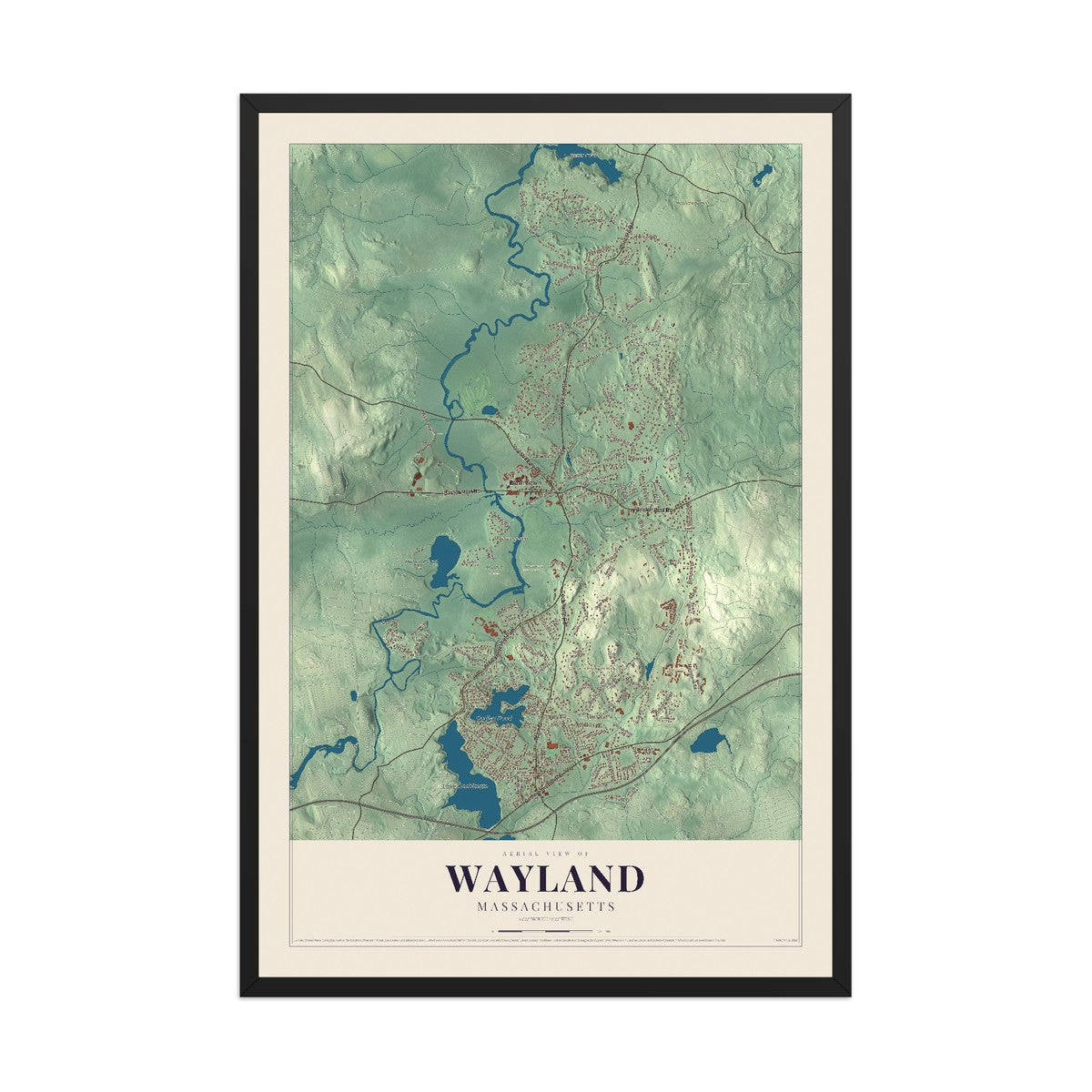 Map of Wayland, Massachusetts, 12 x 18 inch print in a black wood frame