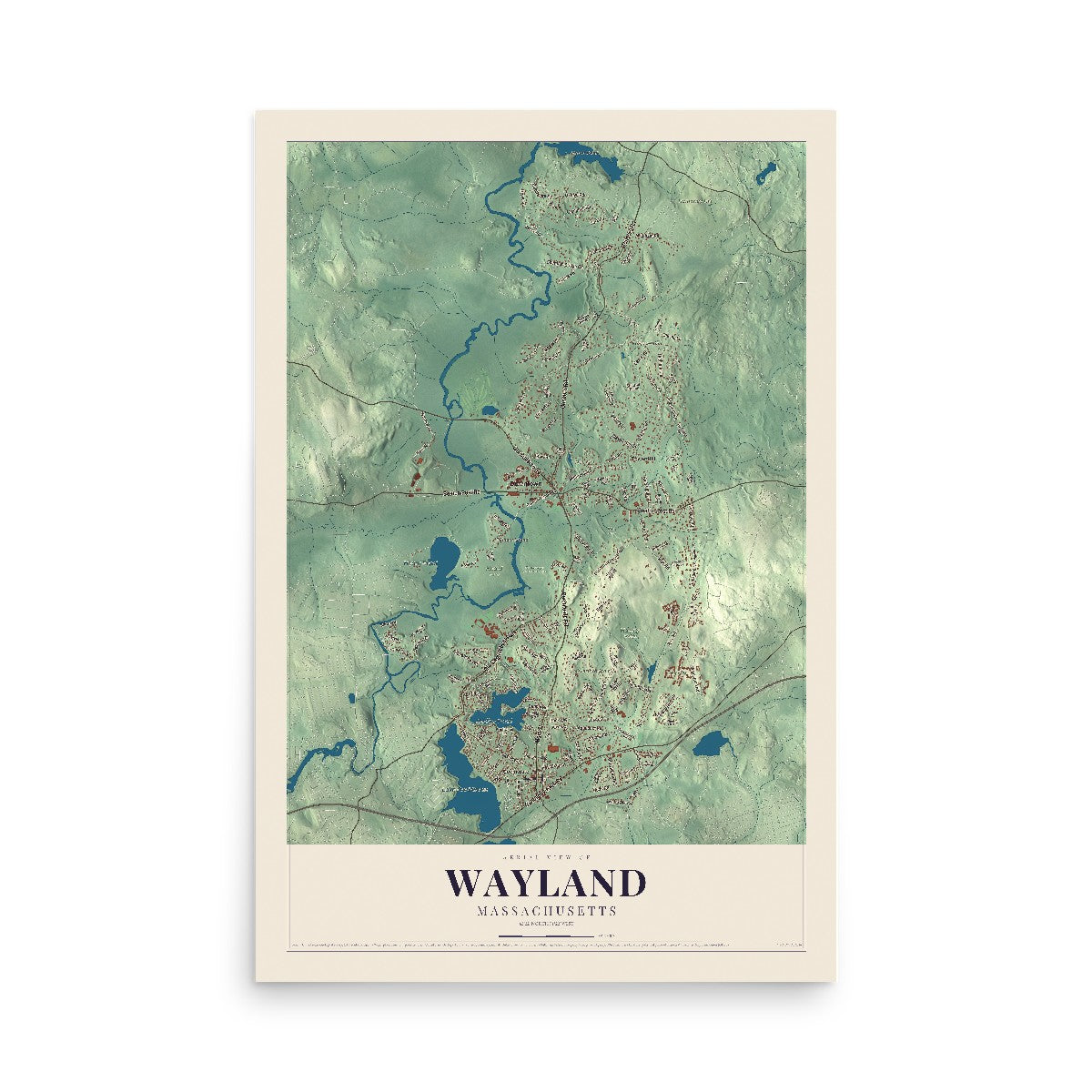 Map of Wayland, Massachusetts, 12 x 18 inch unframed archival matte print
