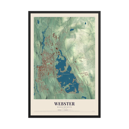 Map of Webster, Massachusetts, 12 x 18 inch print in a black wood frame