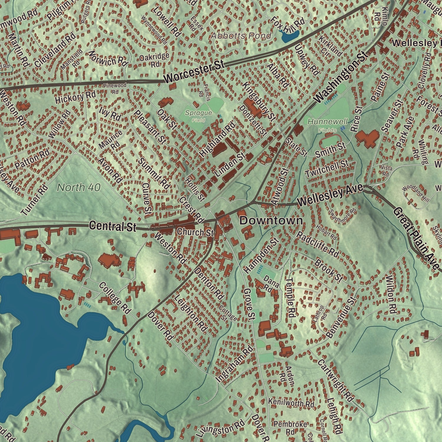 Street and neighborhood detail from the Wellesley, Massachusetts map