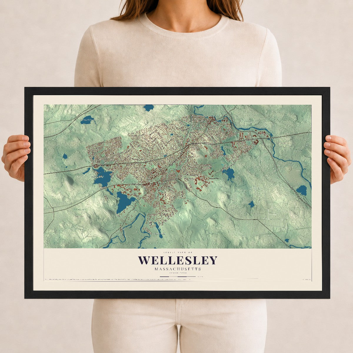 Wellesley, Massachusetts map print - 12 x 18 black Ayous wood frame