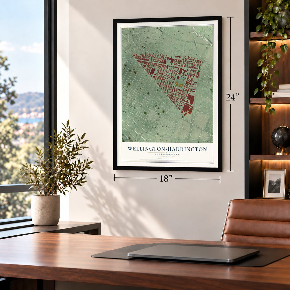 Wellington-Harrington, Massachusetts map, 18 x 24 inch print in a black frame in a home office