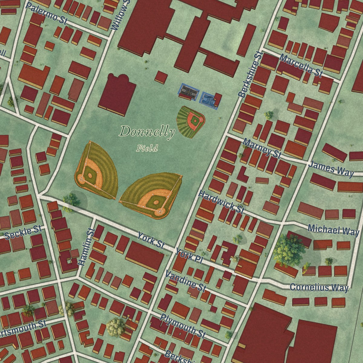 Close-up of the map of Wellington-Harrington, Massachusetts print showing street and building detail