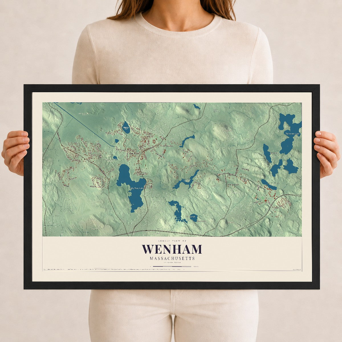 Wenham, Massachusetts map print - 12 x 18 black Ayous wood frame