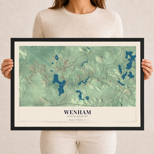 Map of Wenham, Massachusetts, 12 x 18 inch print in a black wood frame
