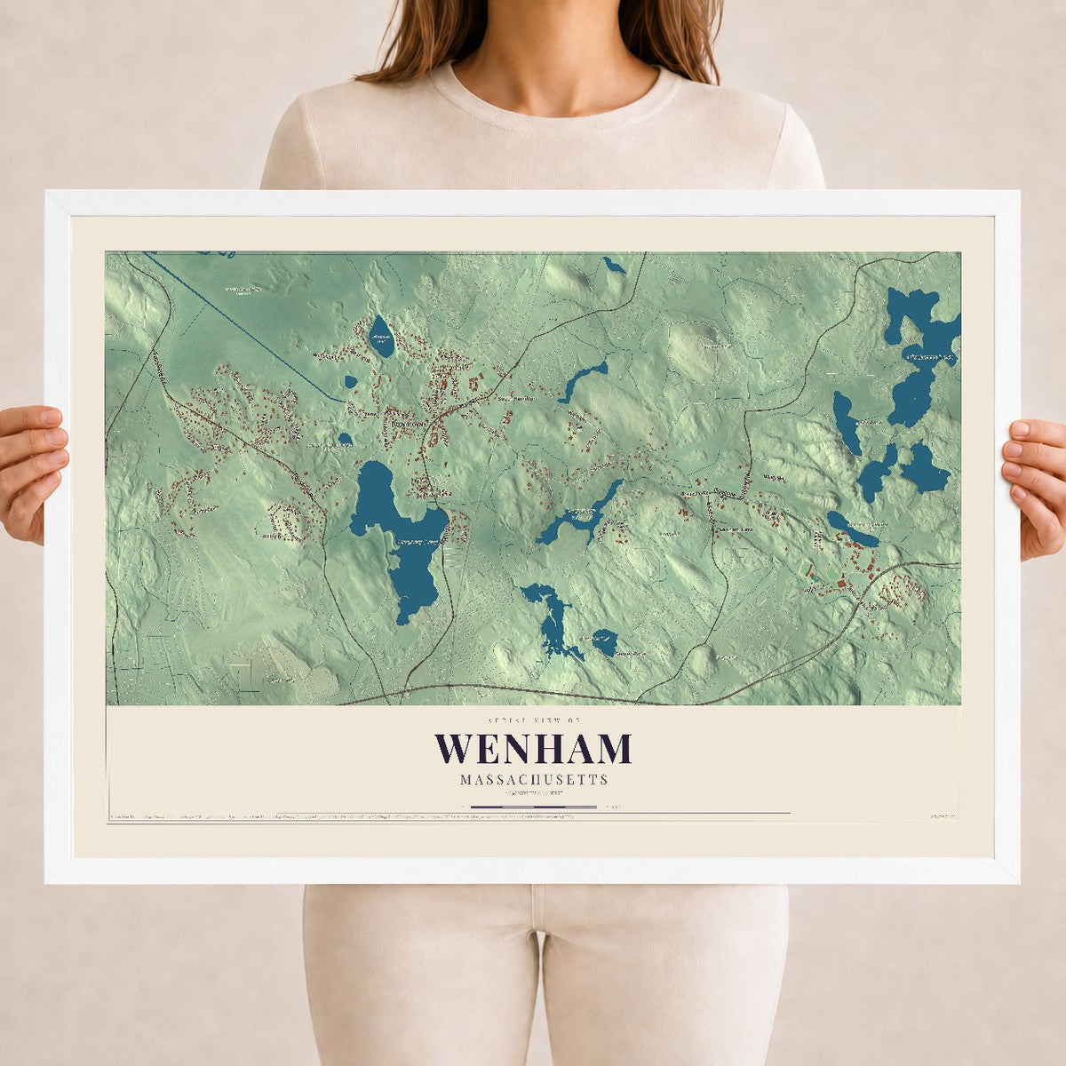 Wenham, Massachusetts map print - 18 x 24 white Ayous wood frame
