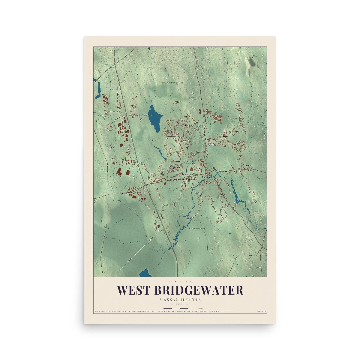 Map of West Bridgewater, Massachusetts, 12 x 18 inch unframed archival matte print