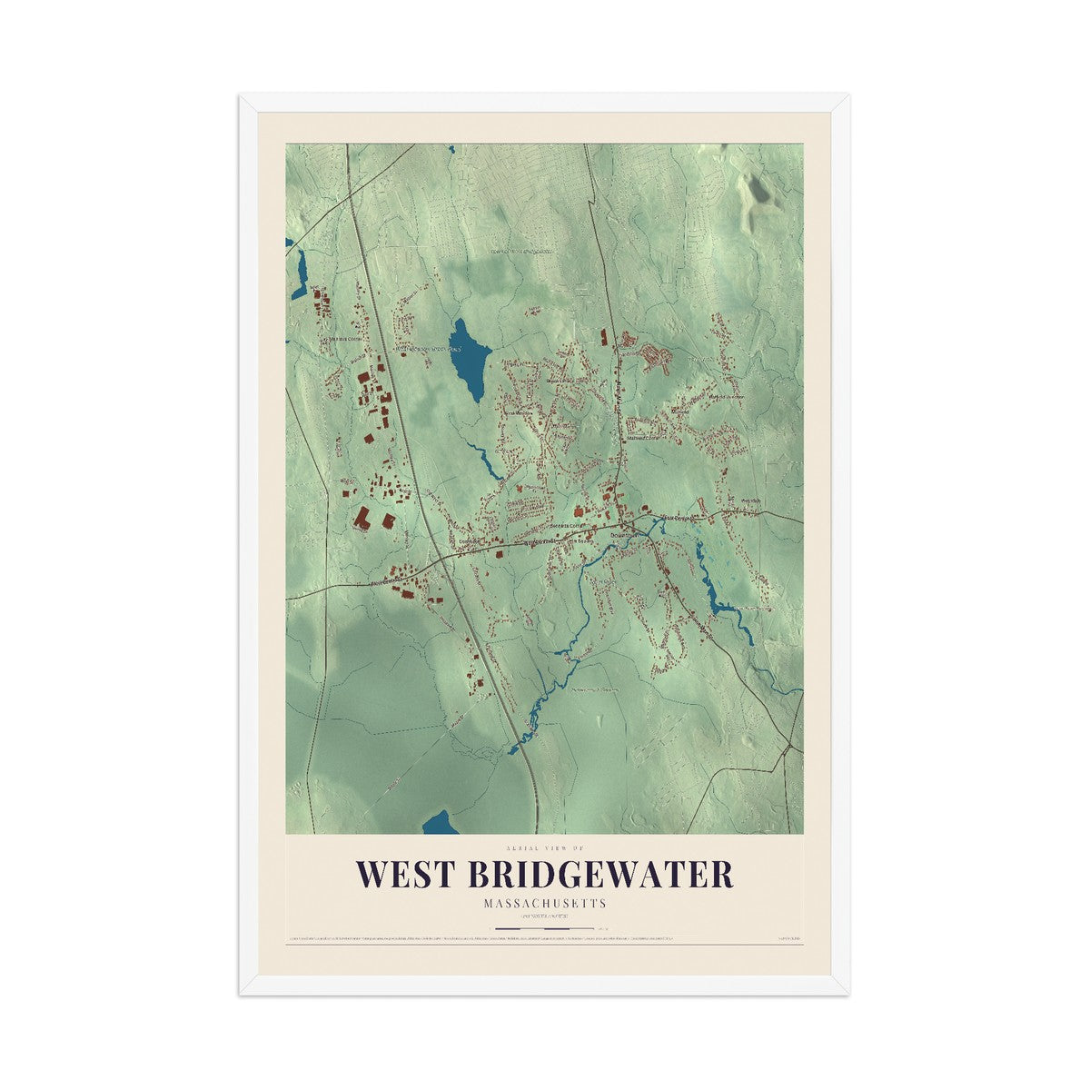 Map of West Bridgewater, Massachusetts, 12 x 18 inch print in a white wood frame
