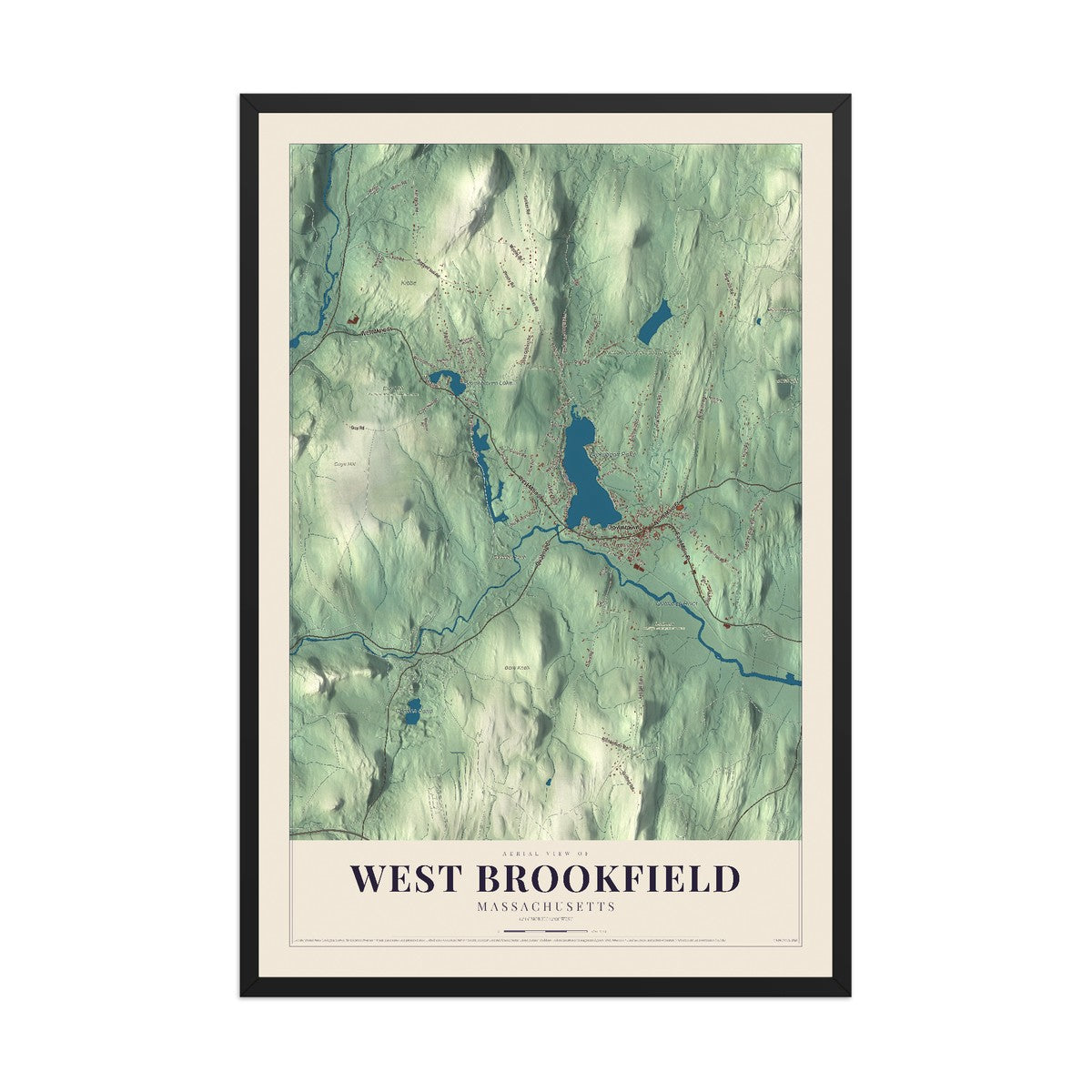 Map of West Brookfield, Massachusetts, 12 x 18 inch print in a black wood frame