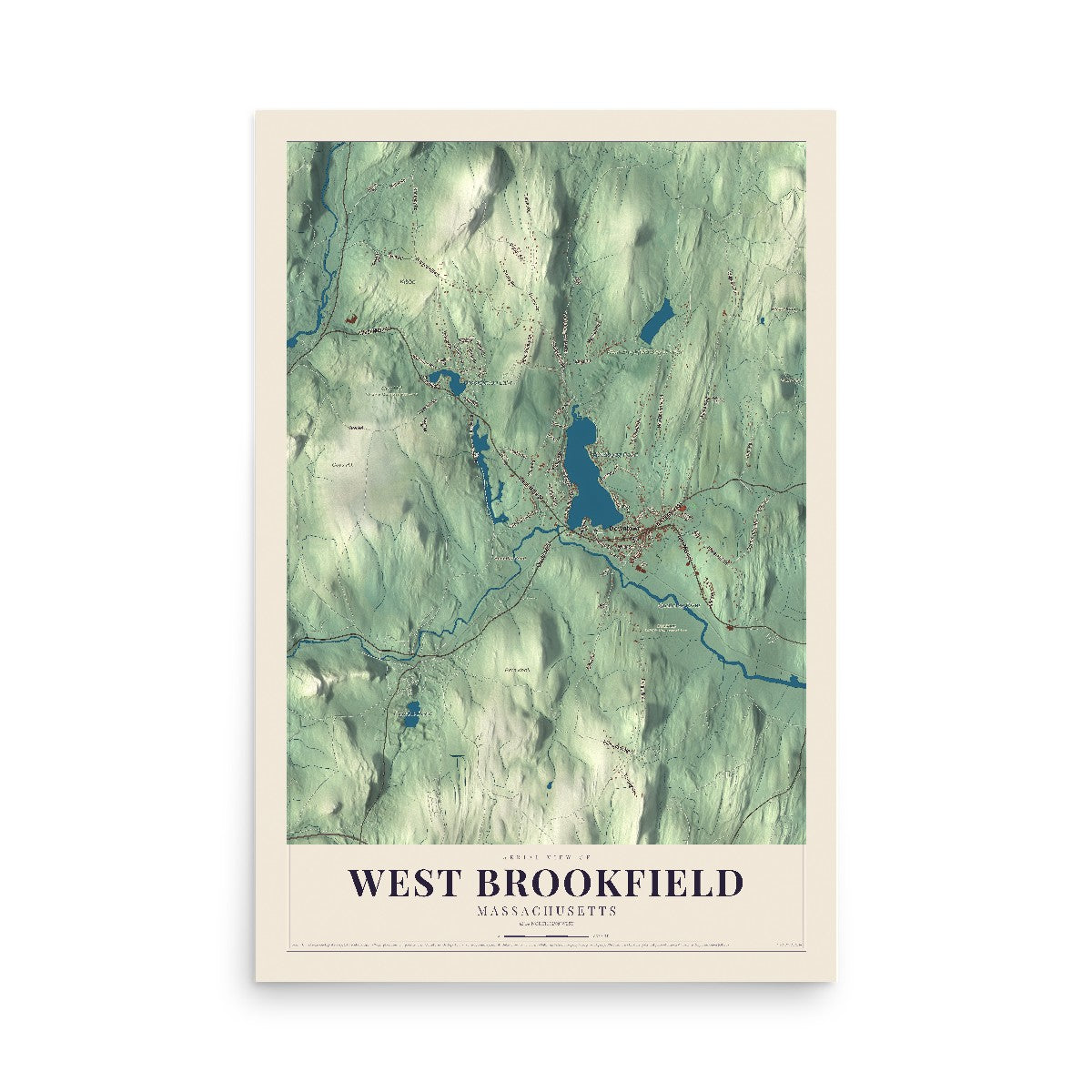 Map of West Brookfield, Massachusetts, 12 x 18 inch unframed archival matte print