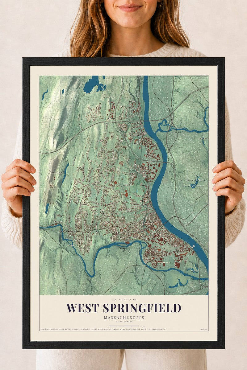 West Springfield, Massachusetts map print - 18 x 24 black Ayous wood frame
