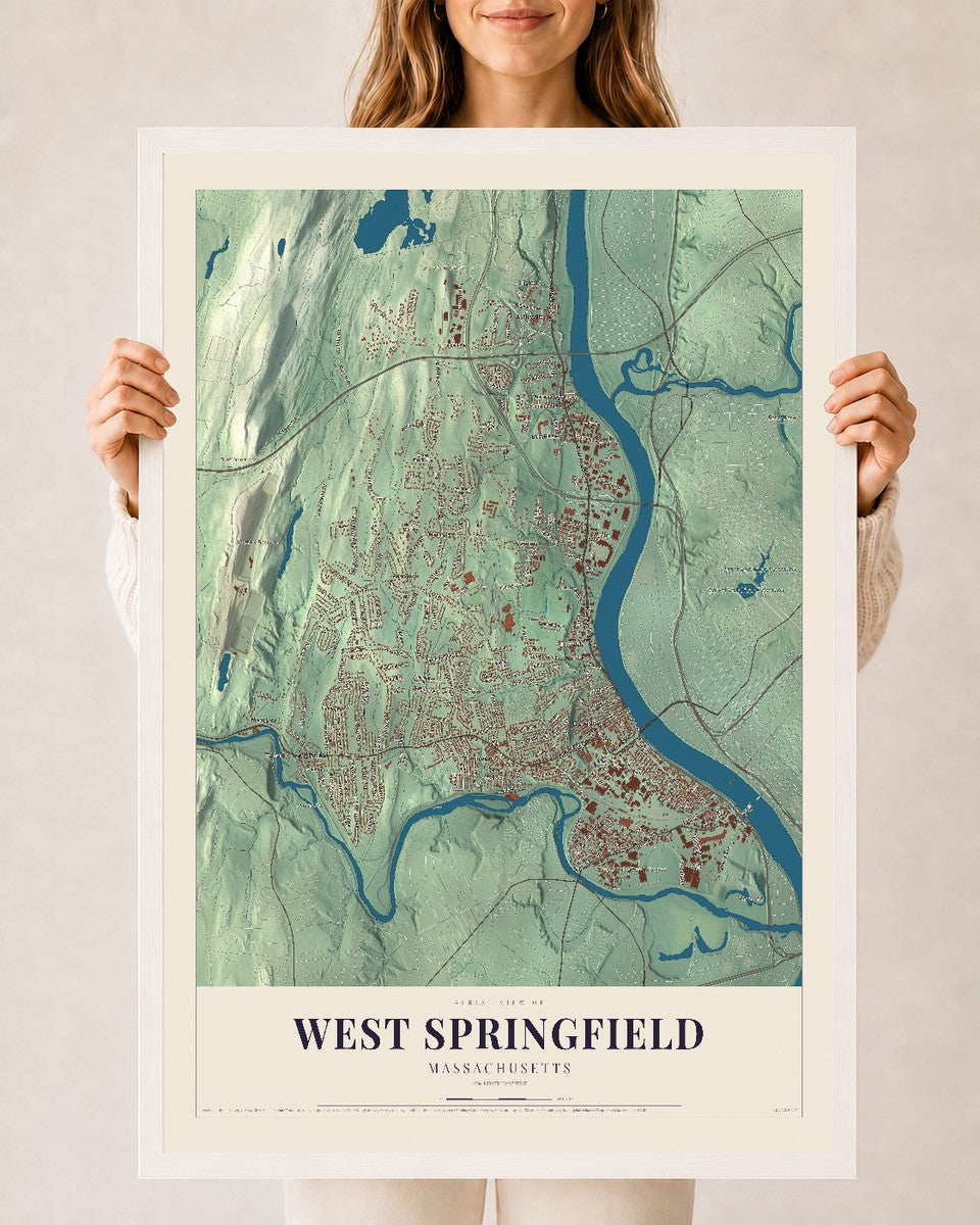 West Springfield, Massachusetts map print - 24 x 36 white Ayous wood frame