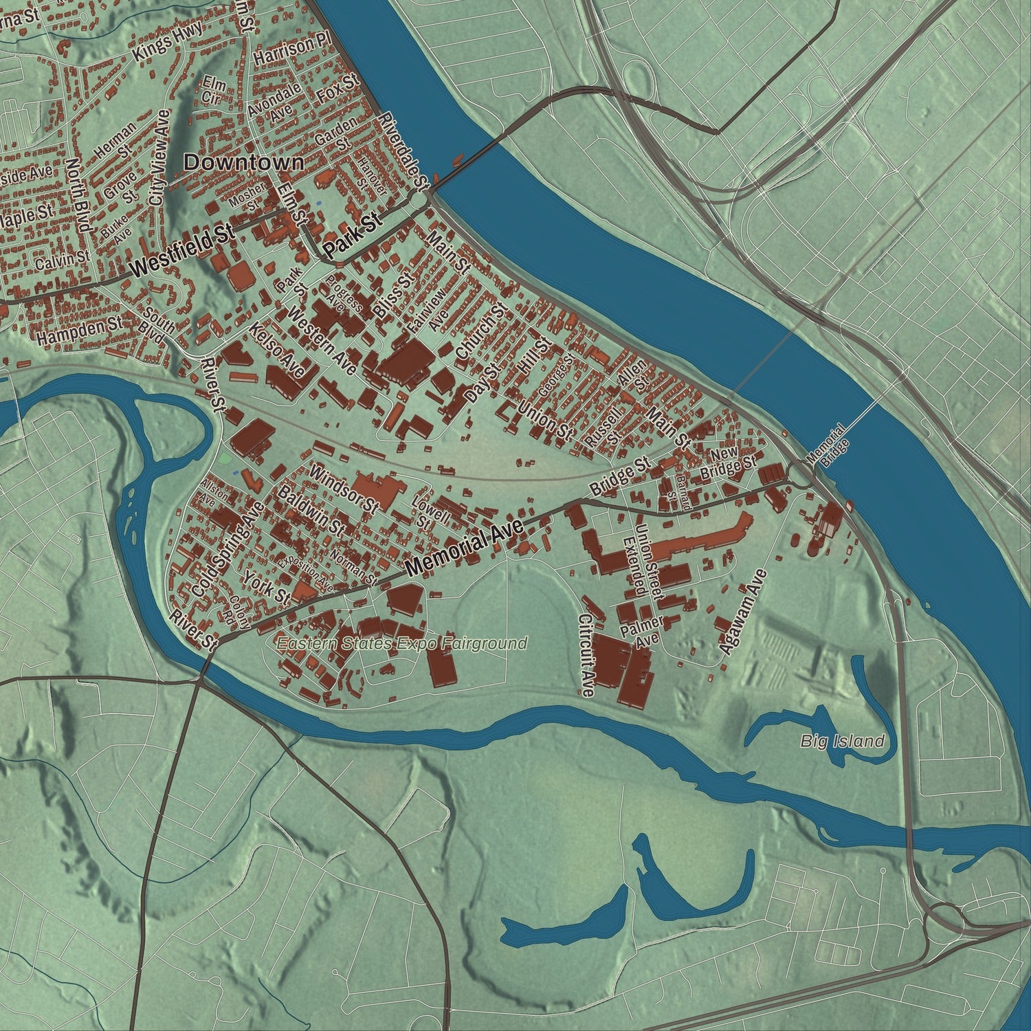 Terrain and local geography detail from the West Springfield, Massachusetts map