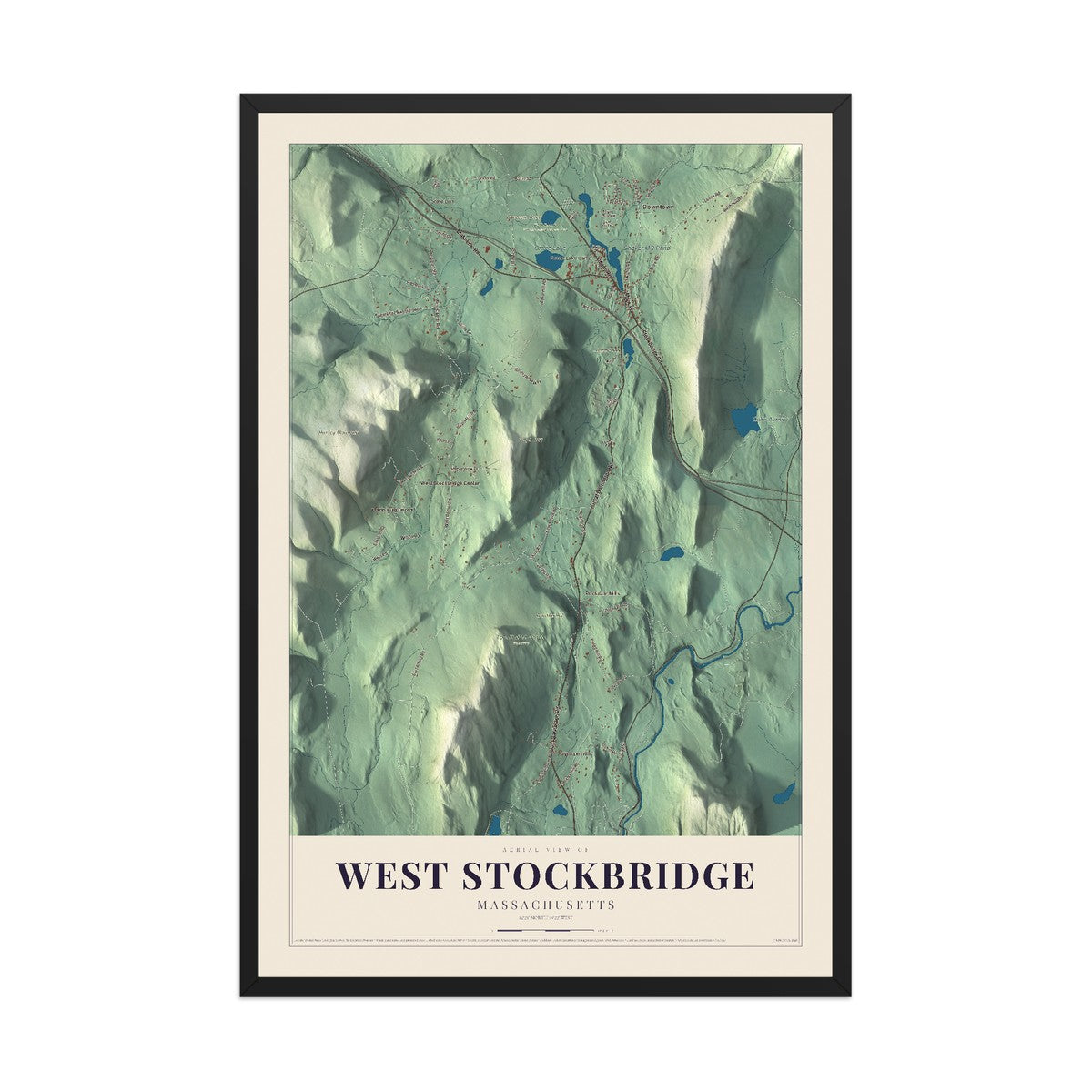 Map of West Stockbridge, Massachusetts, 12 x 18 inch print in a black wood frame