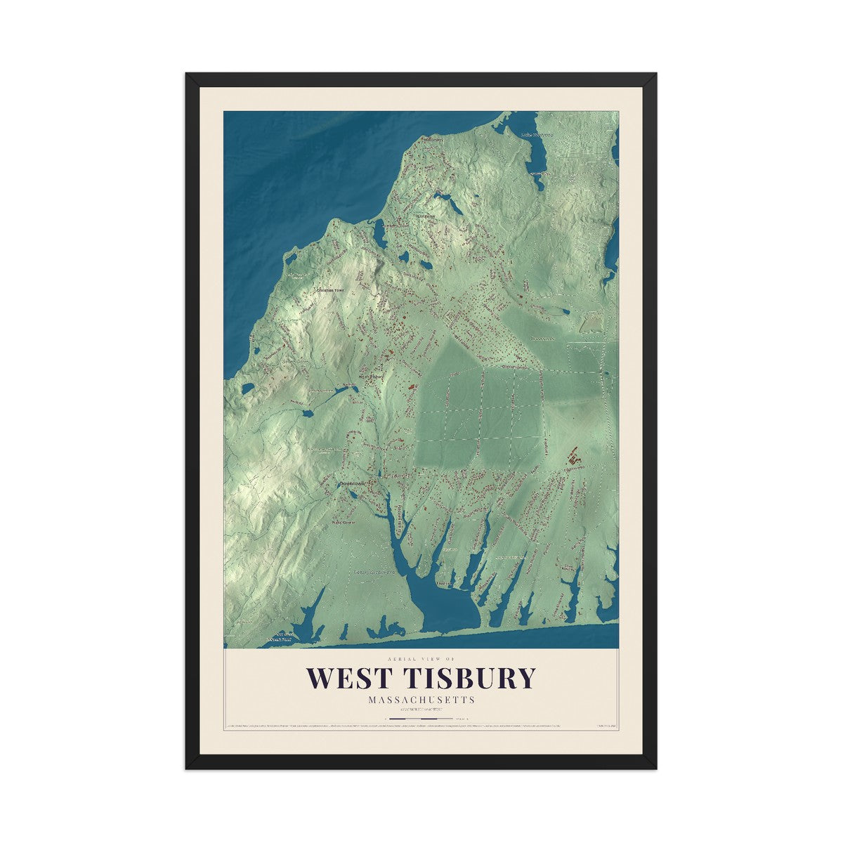 Map of West Tisbury, Massachusetts, 12 x 18 inch print in a black wood frame