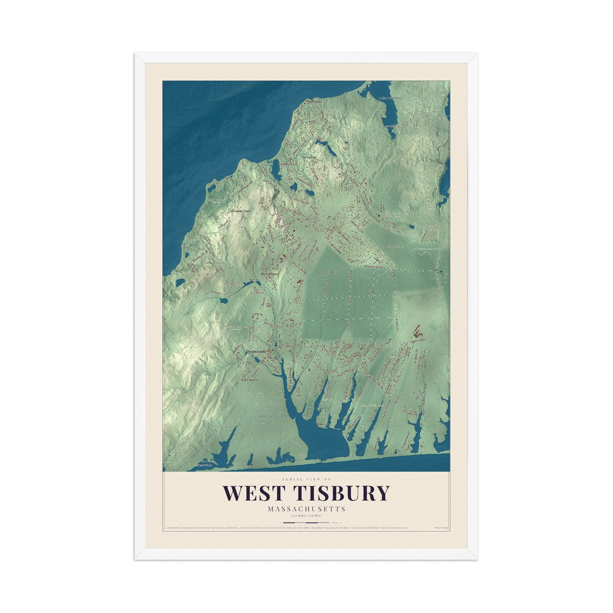 Map of West Tisbury, Massachusetts, 12 x 18 inch print in a white wood frame