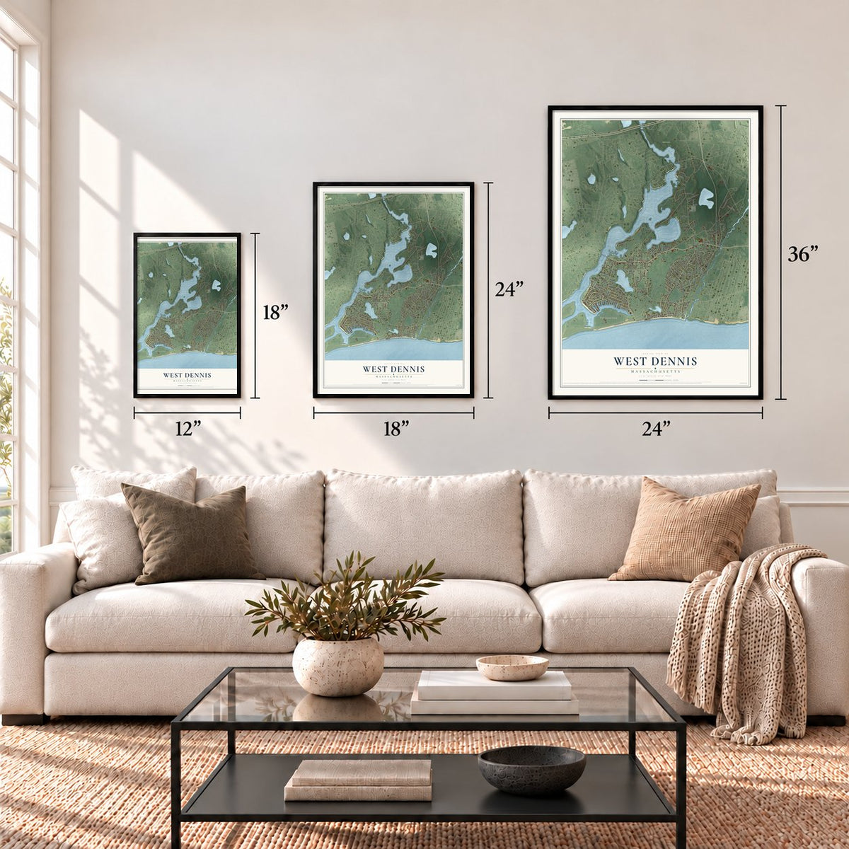 West Dennis, Massachusetts map in 12 x 18, 18 x 24 and 24 x 36 inch sizes above a sofa