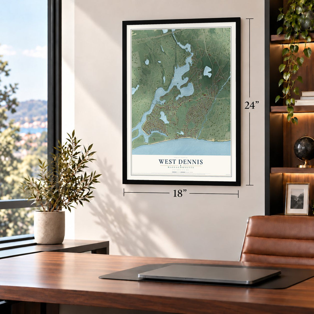 West Dennis, Massachusetts map, 18 x 24 inch print in a black frame in a home office