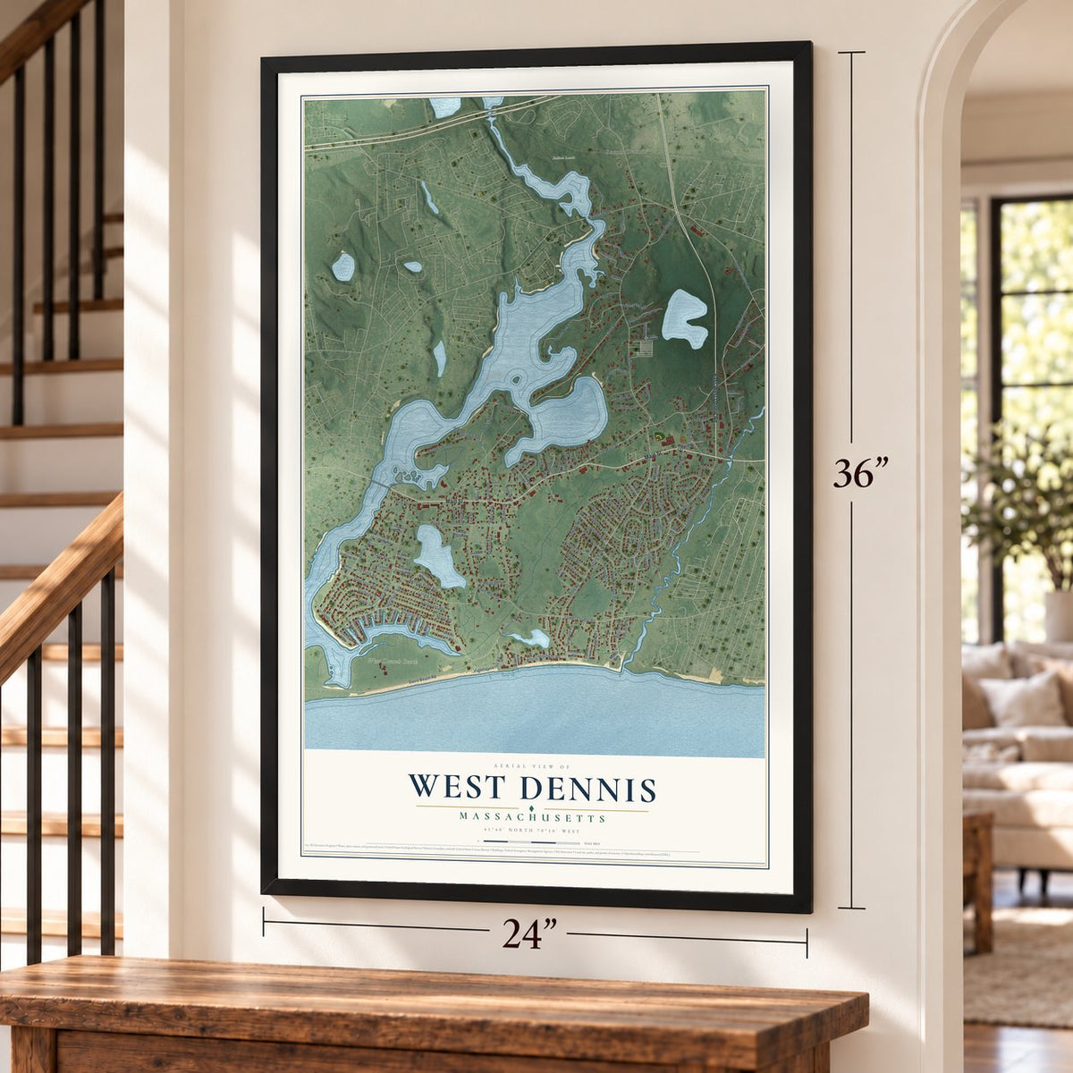 West Dennis, Massachusetts map, 24 x 36 inch print in a black frame by a staircase