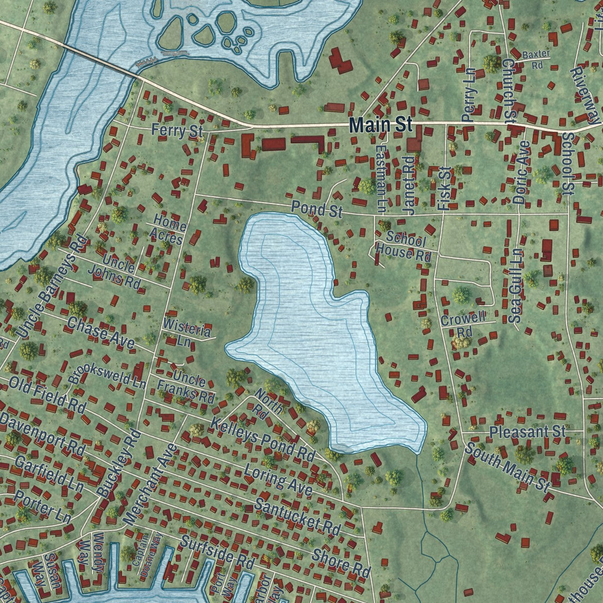 Close-up of the map of West Dennis, Massachusetts print showing street and building detail