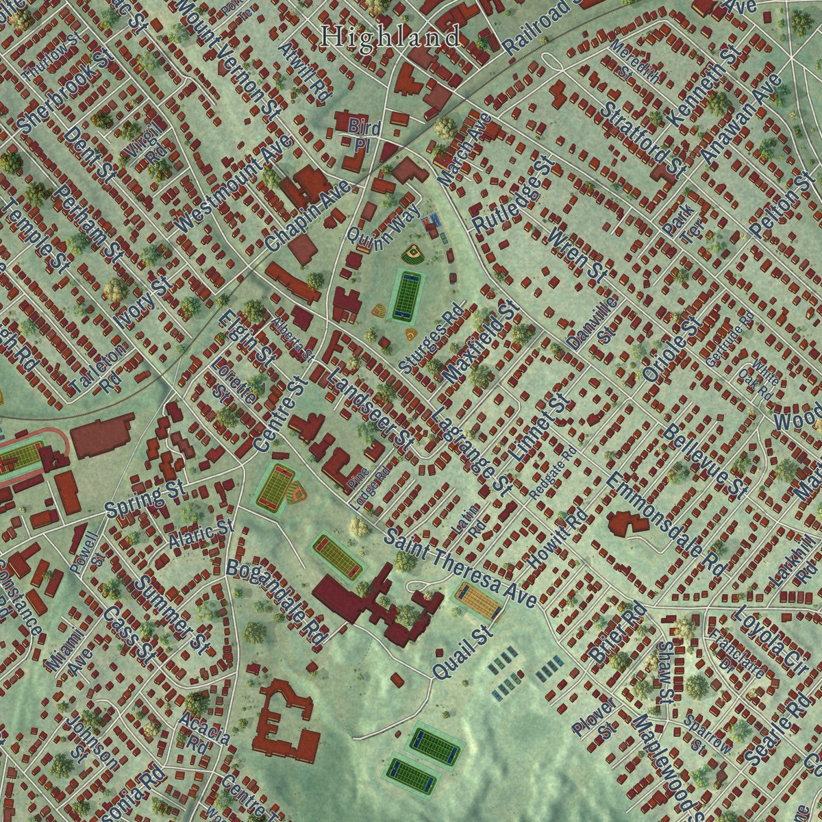 Close-up of the map of West Roxbury, Massachusetts print showing street and building detail