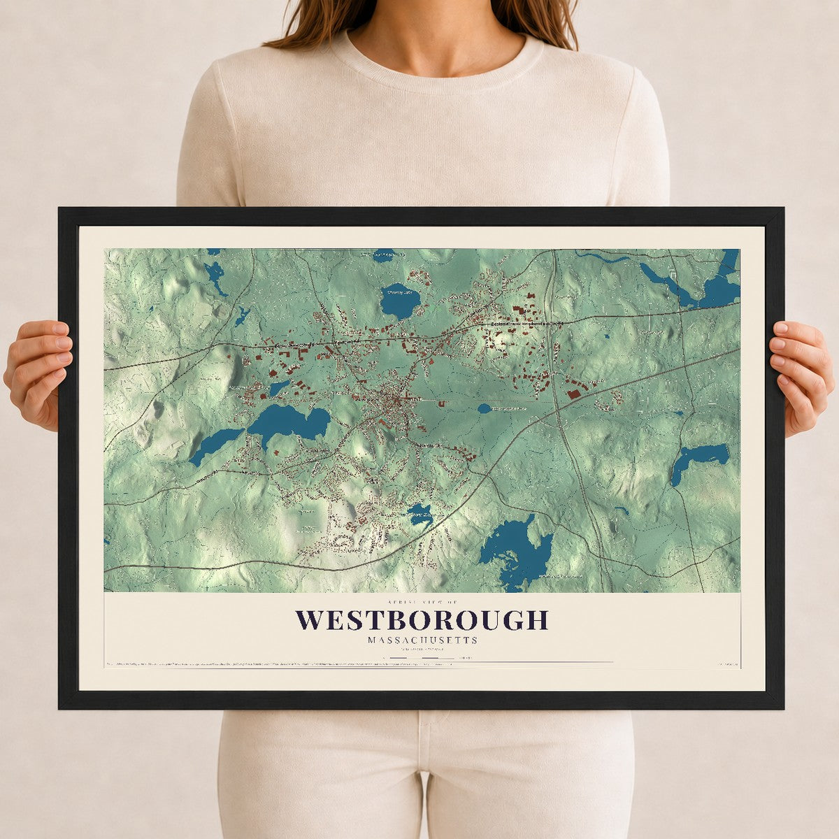 Westborough, Massachusetts map print - 12 x 18 black Ayous wood frame