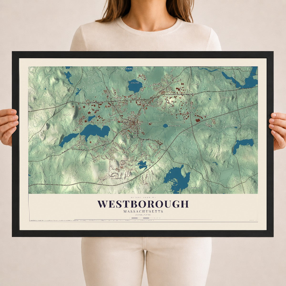 Westborough, Massachusetts map print - 18 x 24 black Ayous wood frame