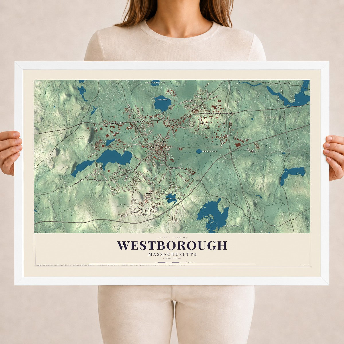 Westborough, Massachusetts map print - 18 x 24 white Ayous wood frame