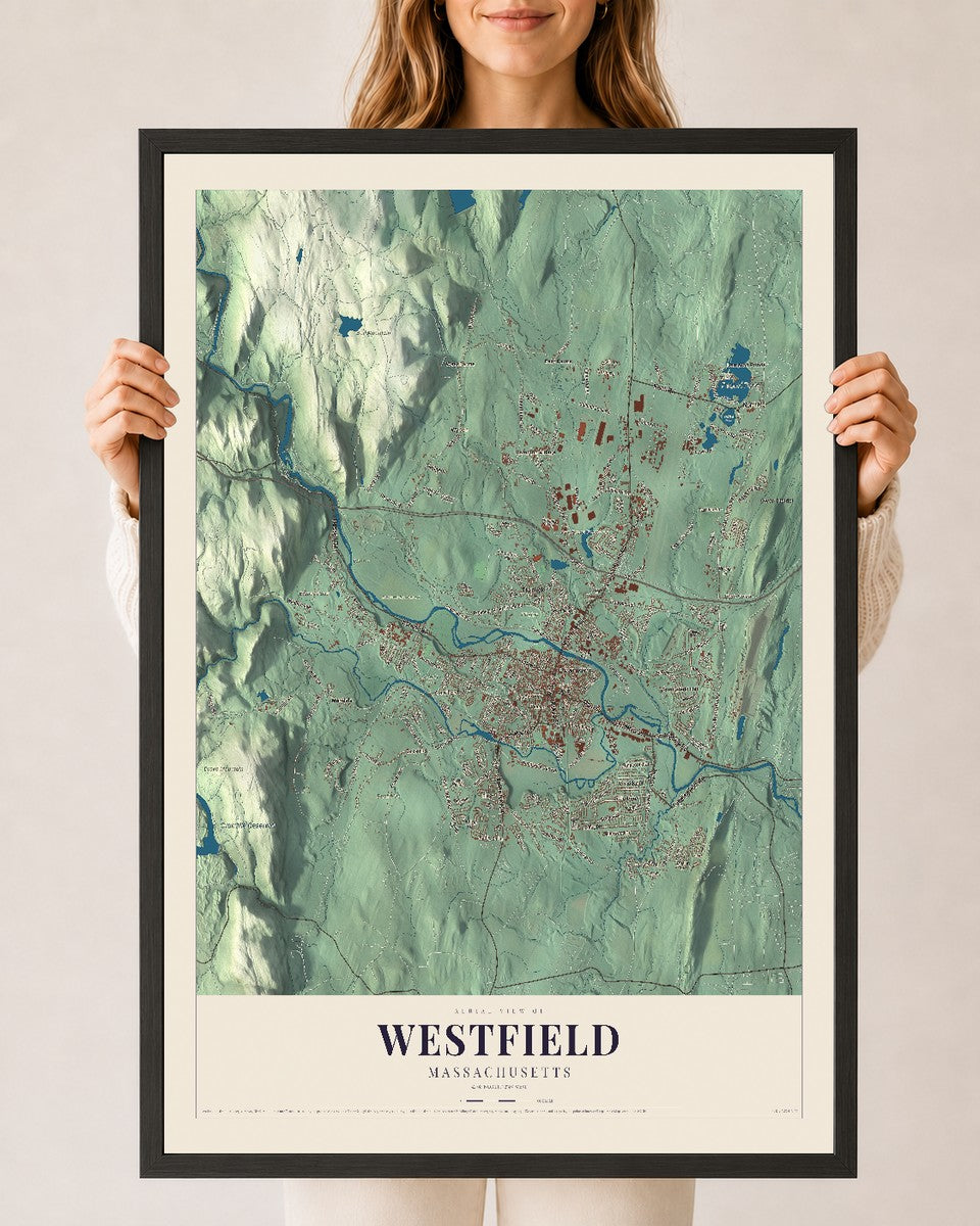 Westfield, Massachusetts map print - 24 x 36 black Ayous wood frame