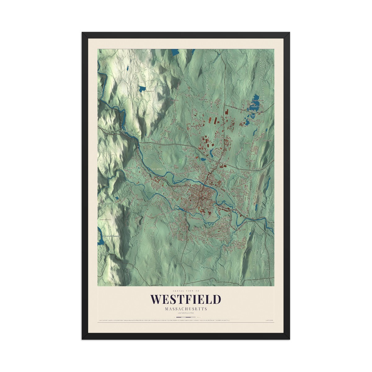 Map of Westfield, Massachusetts, 12 x 18 inch print in a black wood frame