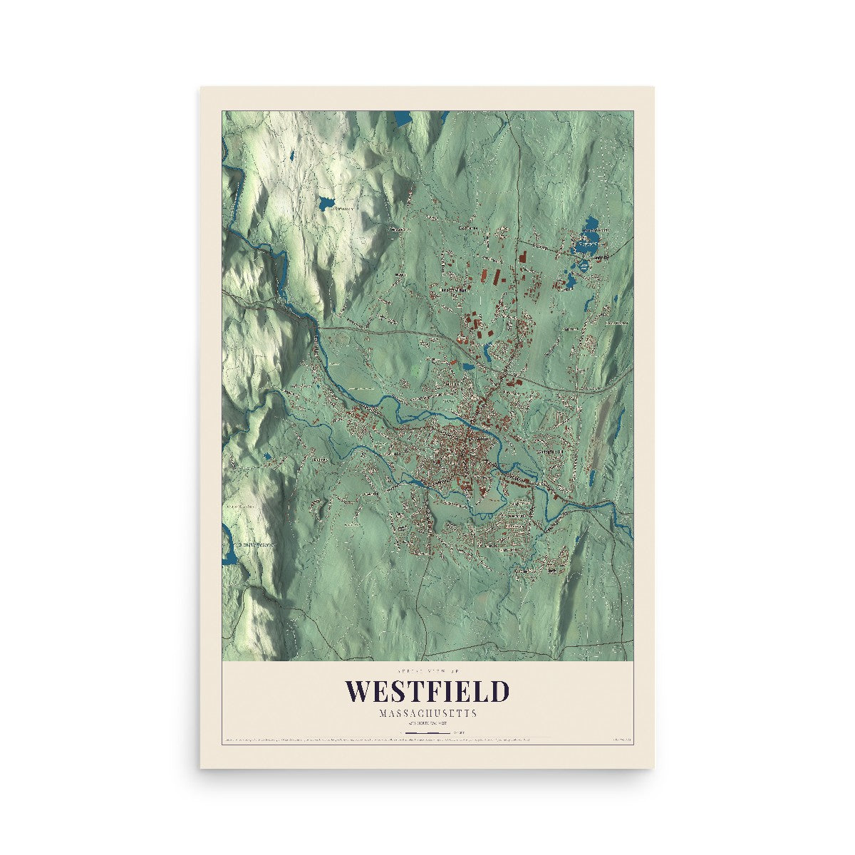 Map of Westfield, Massachusetts, 12 x 18 inch unframed archival matte print
