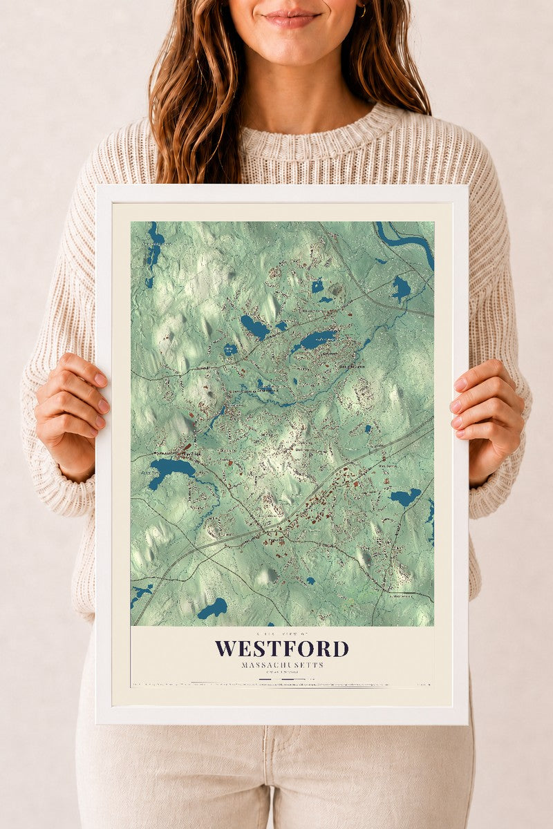 Westford, Massachusetts map print - 12 x 18 white Ayous wood frame