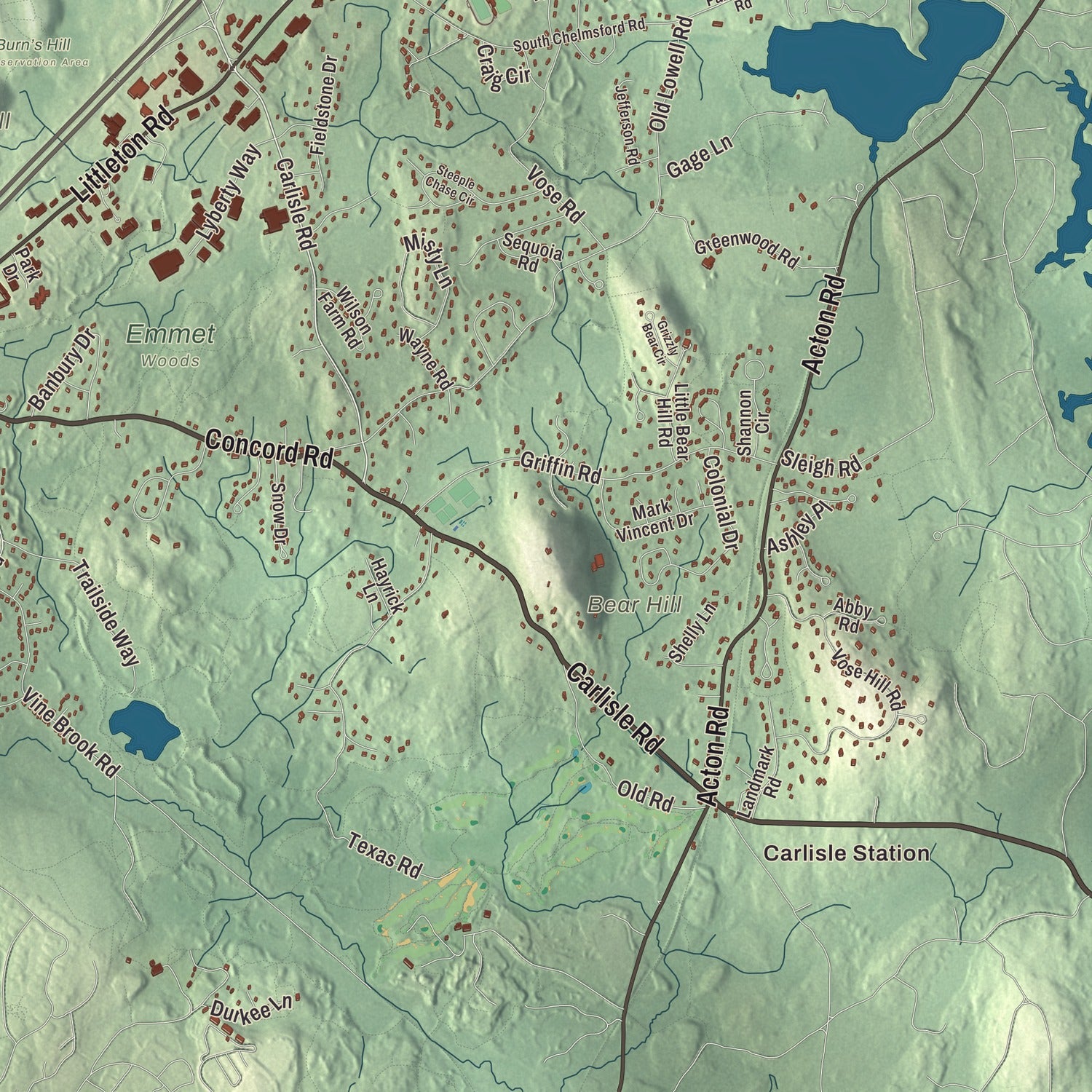 Terrain and local geography detail from the Westford, Massachusetts map