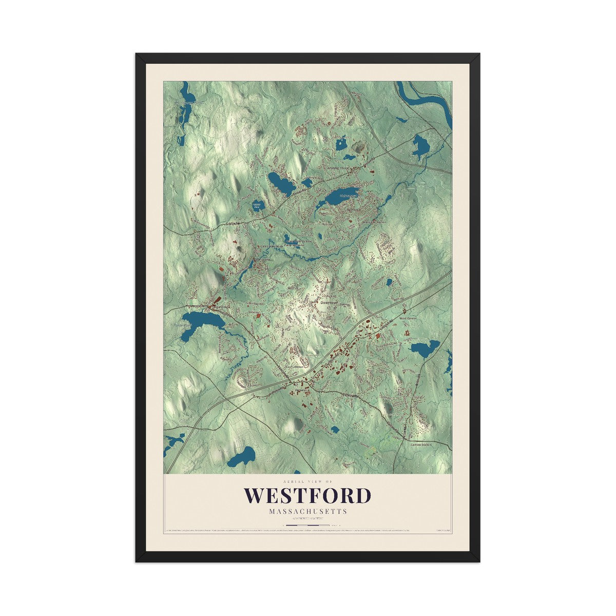 Map of Westford, Massachusetts, 12 x 18 inch print in a black wood frame