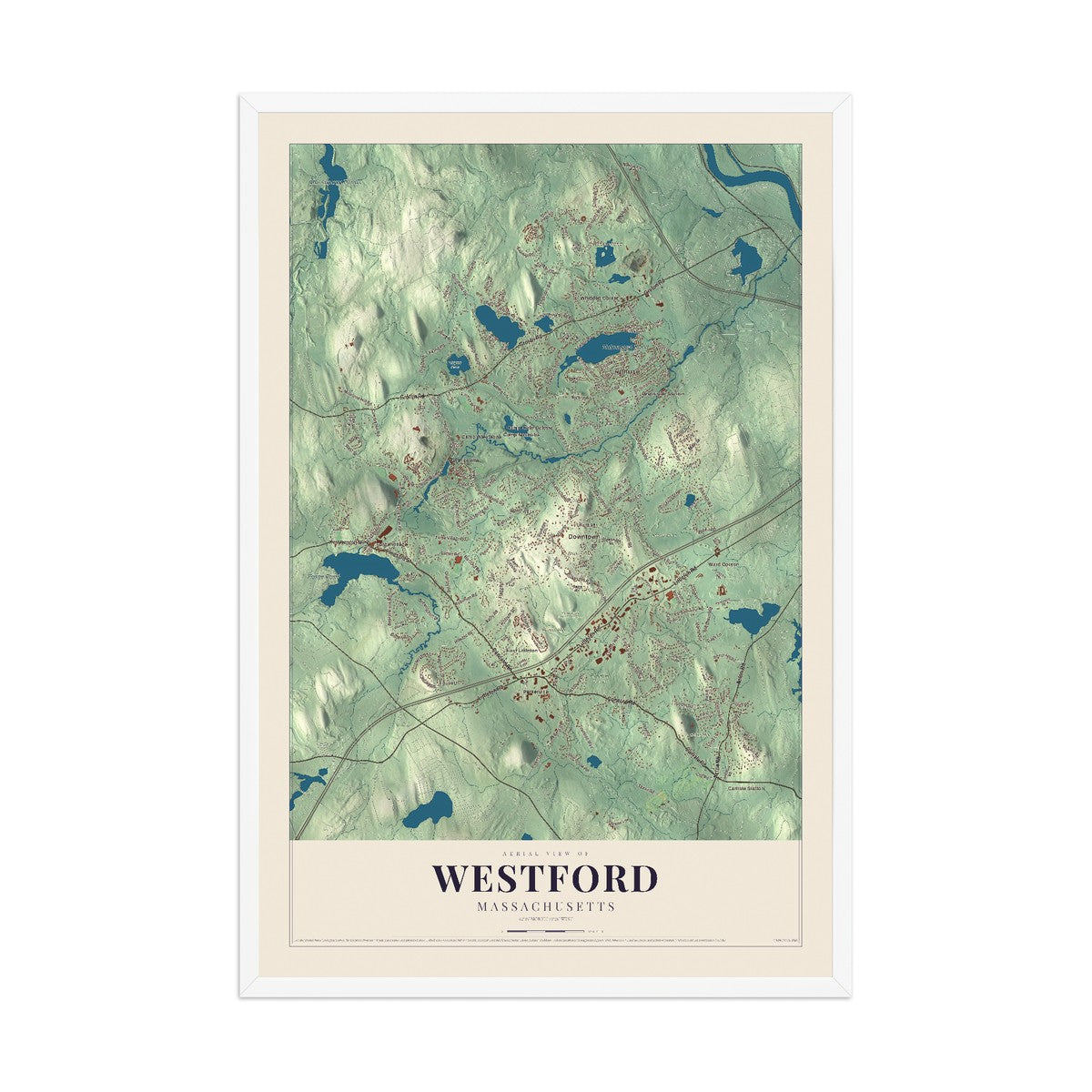 Map of Westford, Massachusetts, 12 x 18 inch print in a white wood frame