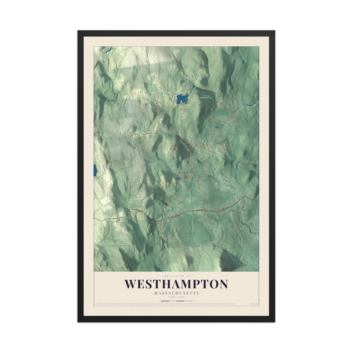 Map of Westhampton, Massachusetts, 12 x 18 inch print in a black wood frame