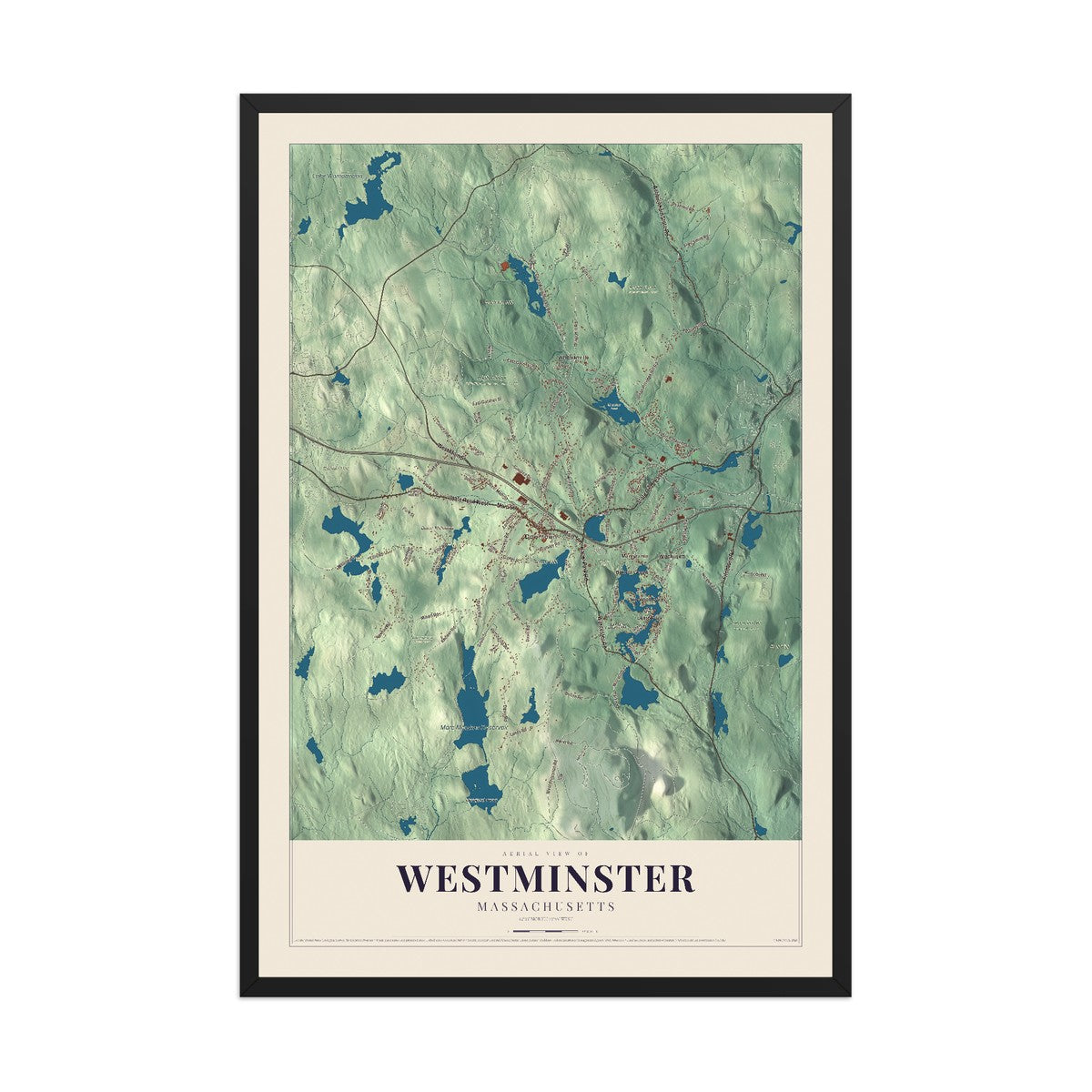 Map of Westminster, Massachusetts, 12 x 18 inch print in a black wood frame