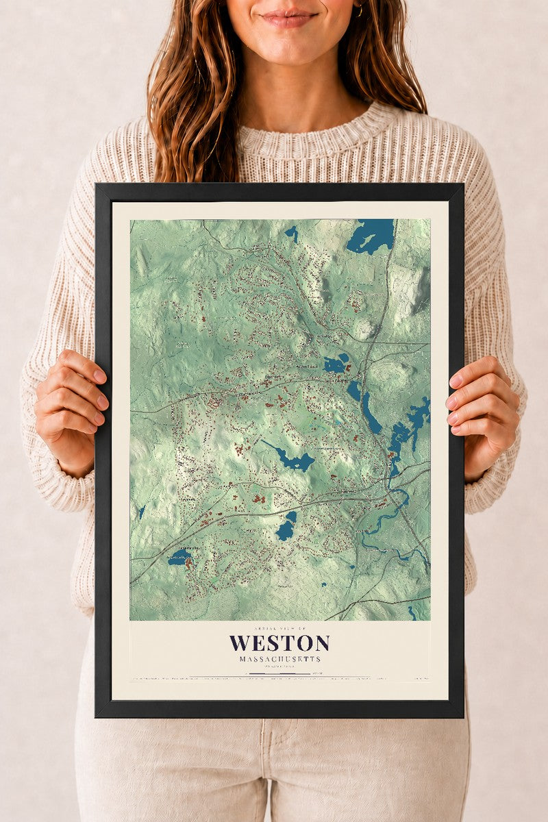 Weston, Massachusetts map print - 12 x 18 black Ayous wood frame