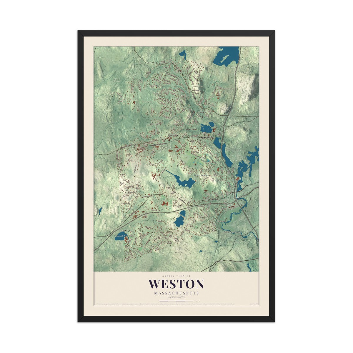 Map of Weston, Massachusetts, 12 x 18 inch print in a black wood frame