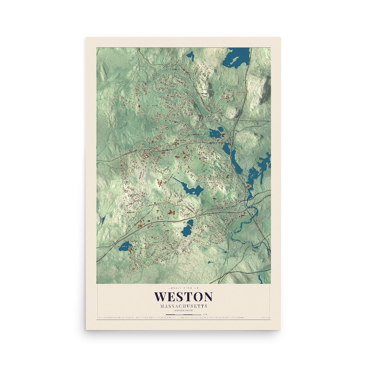 Map of Weston, Massachusetts, 12 x 18 inch unframed archival matte print